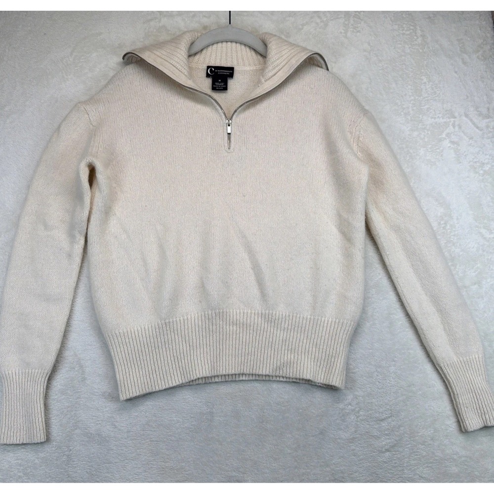 C by Bloomingdales Cashmere Quarter Zip Sweater Womens M Ivory Cream Pullover